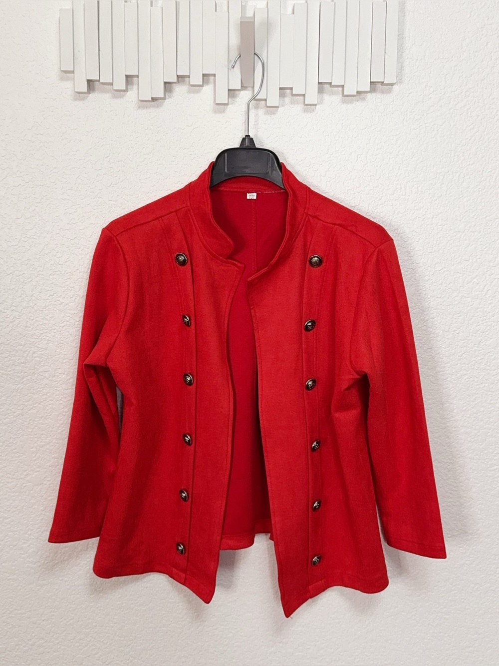 Red Faux Suede Feel Military Double Breasted Open Front Jacket Blazer